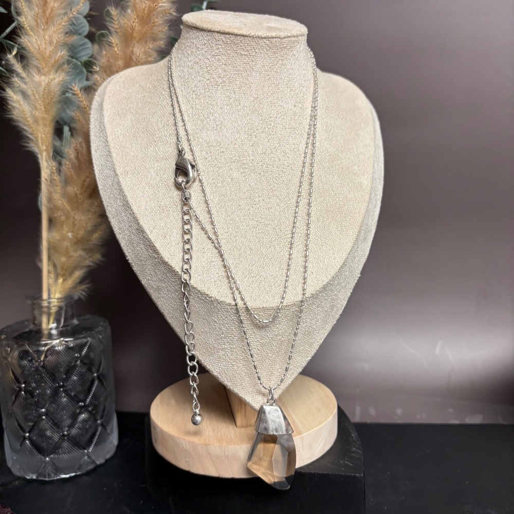Chico's Smoky Gray Glass Pendant Necklace | Silver‎ Tone Chain | Minimalist Boho